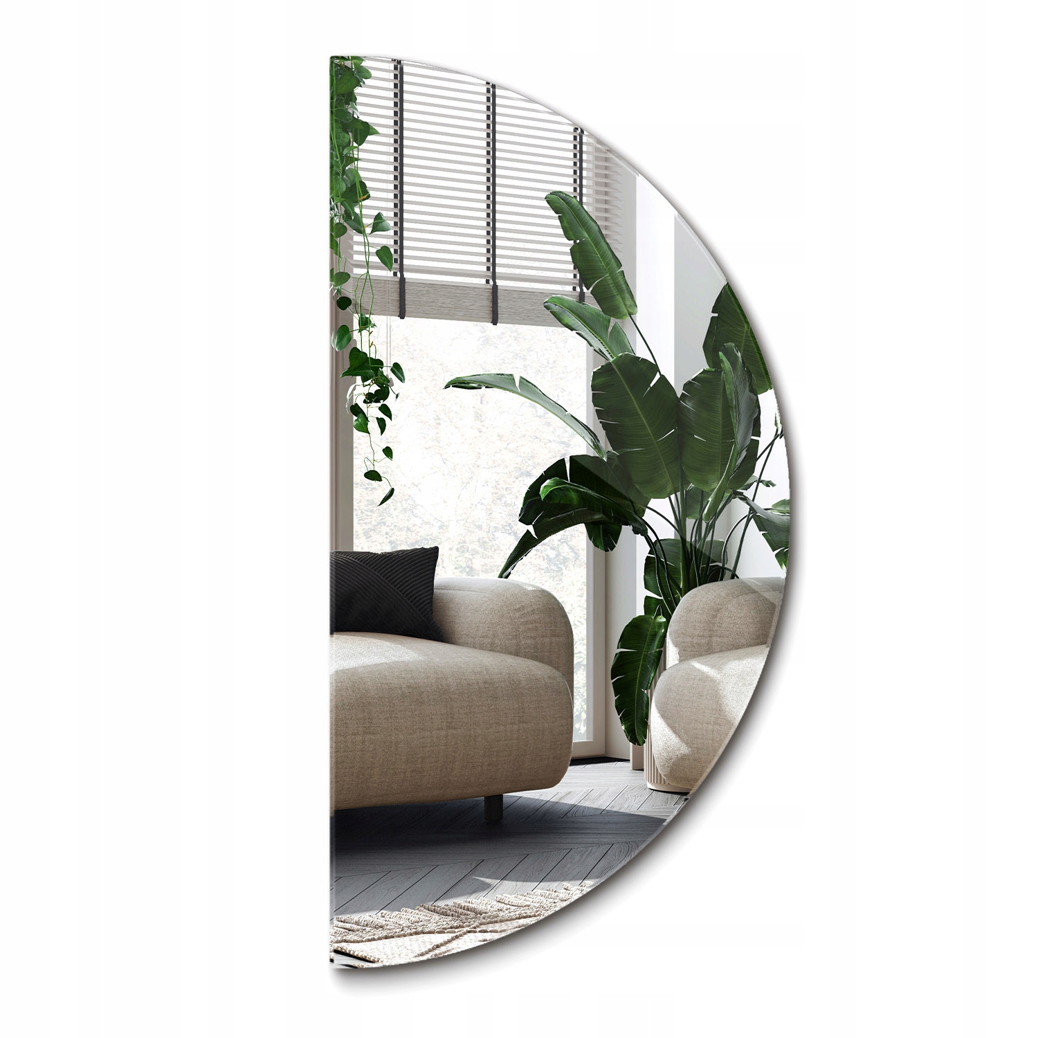 Moderné polkruhové zrkadlo s skoseným bokom, priemer 70 cm, závesný polkruh Loft