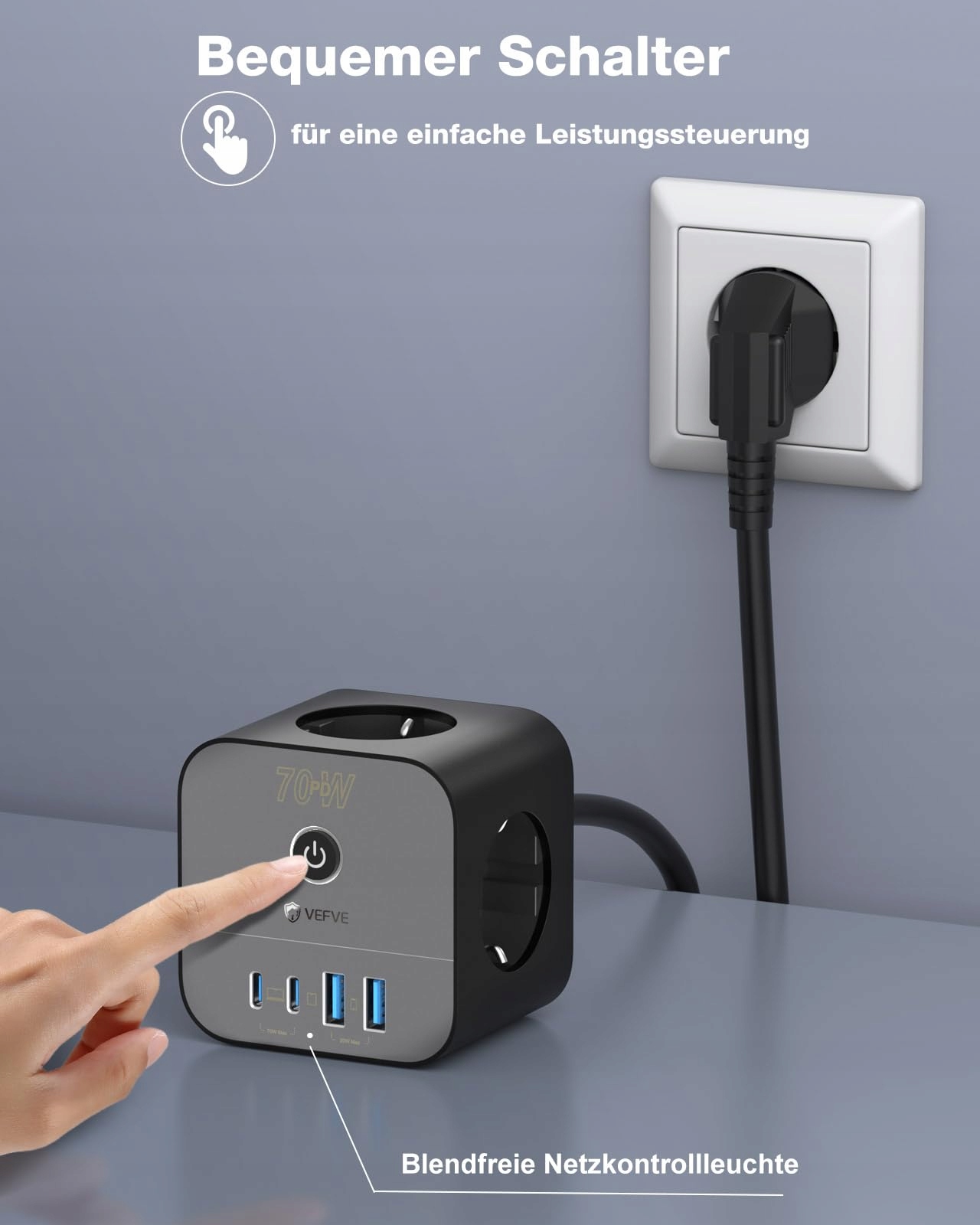 VEFVE Ładowarka USB-C 70W Listwa Zasilająca 7w1 3m Szybkie Ładowanie — miniatura 4