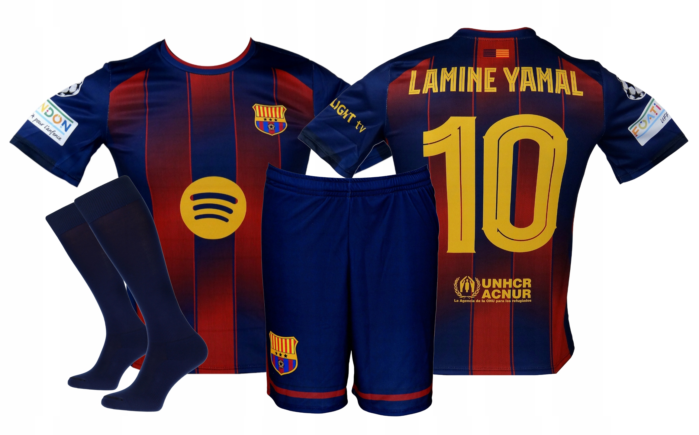 Lamine Yamal Barcelona (S10) strój sportowy koszulka spodenki getry r. 146