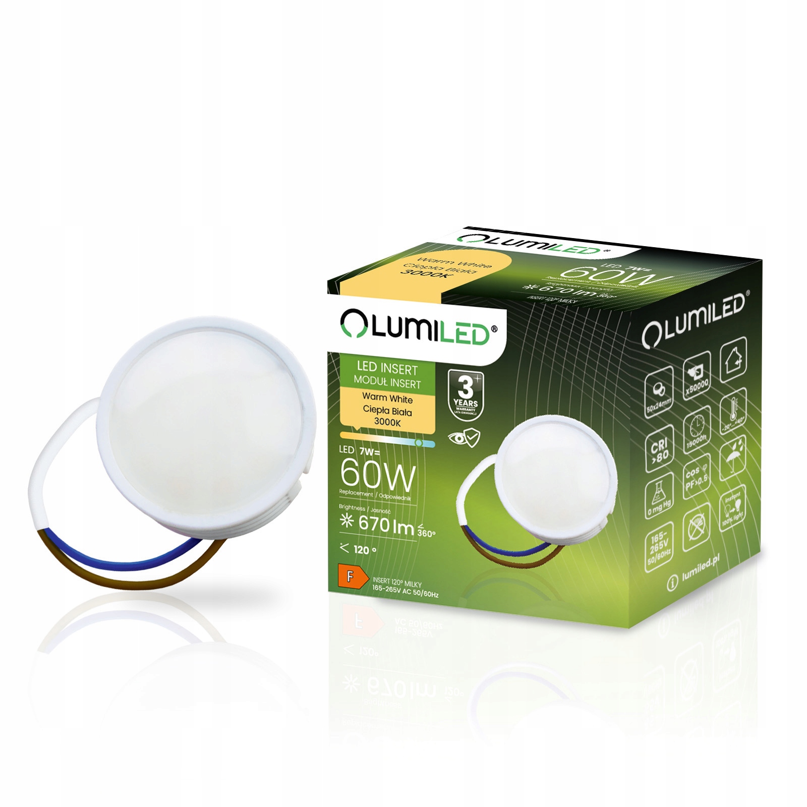 Wkład do Opraw LED Moduł INSERT 7W = 60W 120° 670lm 3000K Ciepły