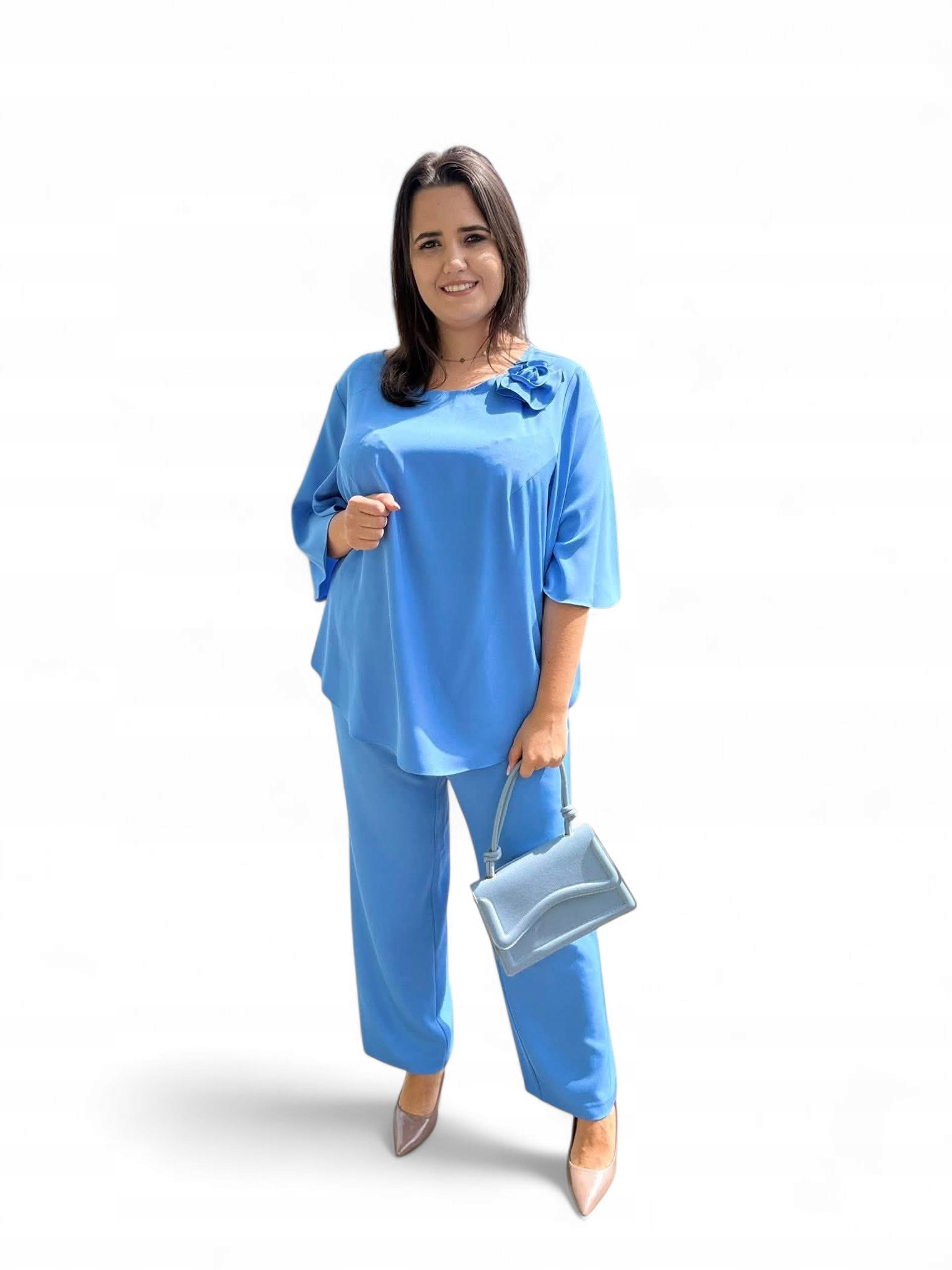 Návštěvní šifonový komplet s růžičkou, halenka kalhoty, velikost 58, modrá