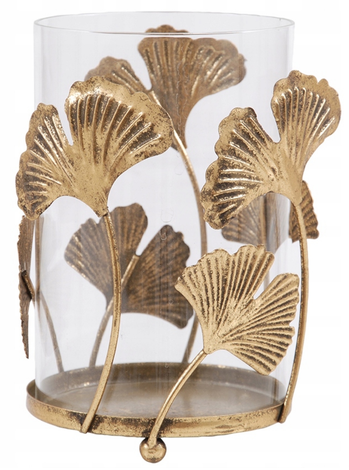 ŚWIECZNIK SZKLANY ZŁOTY 20 x 12 ZDOBIONY LIŚĆ LEAF