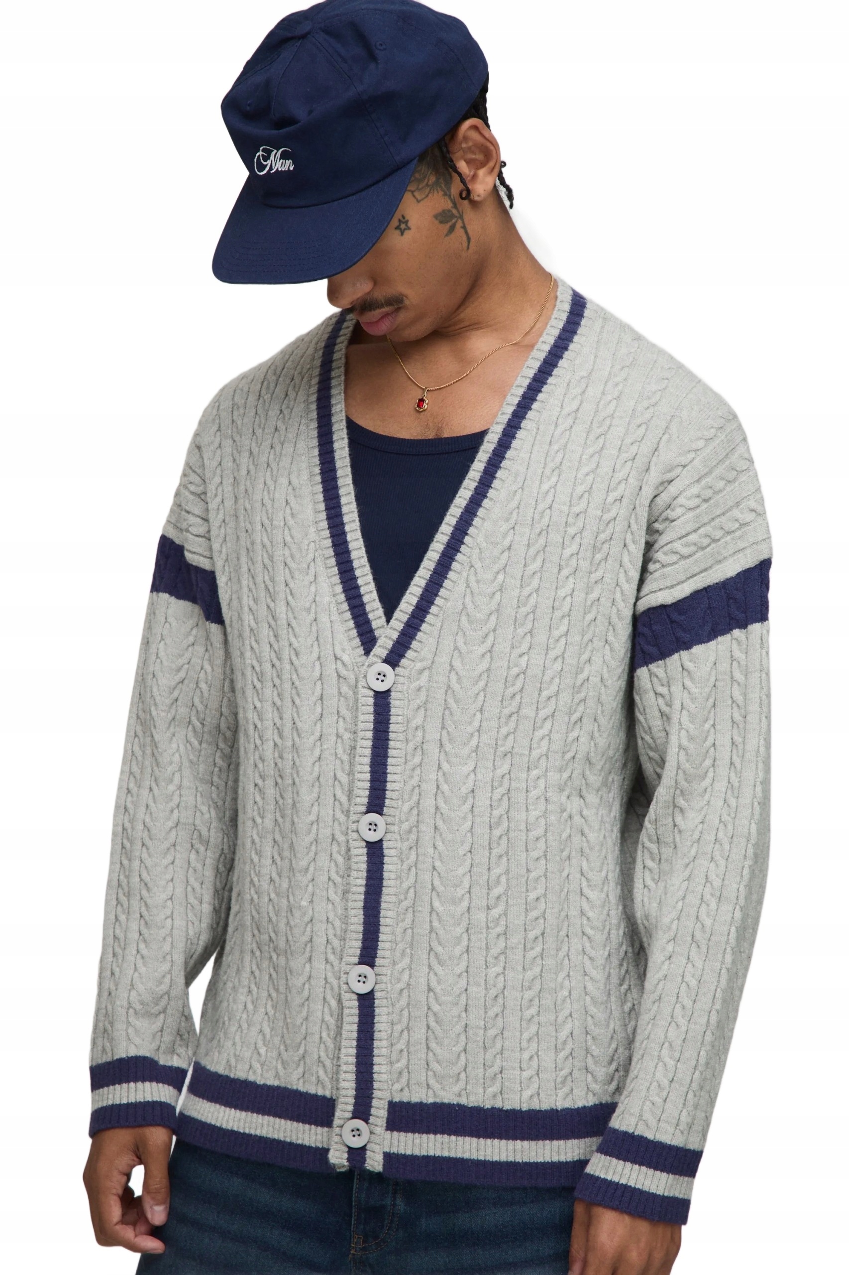 Boohooman Pánský Copánkový Svetr S Výstřihem Do V A Knoflíky, Šedý, Z3A