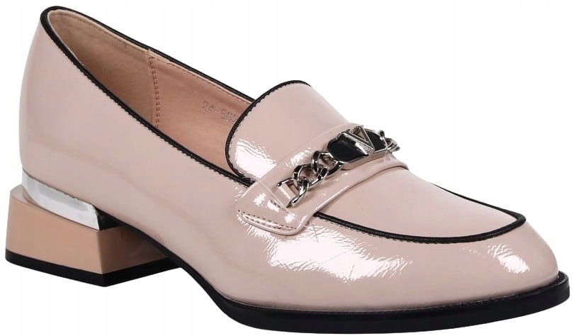 iButy DAMSKIE MOKASYNY PÓŁBUTY WSUWNE NA NISKIM OBCASIE BEŻOWE LAKIEROWANE Wzór dominujący bez wzoru