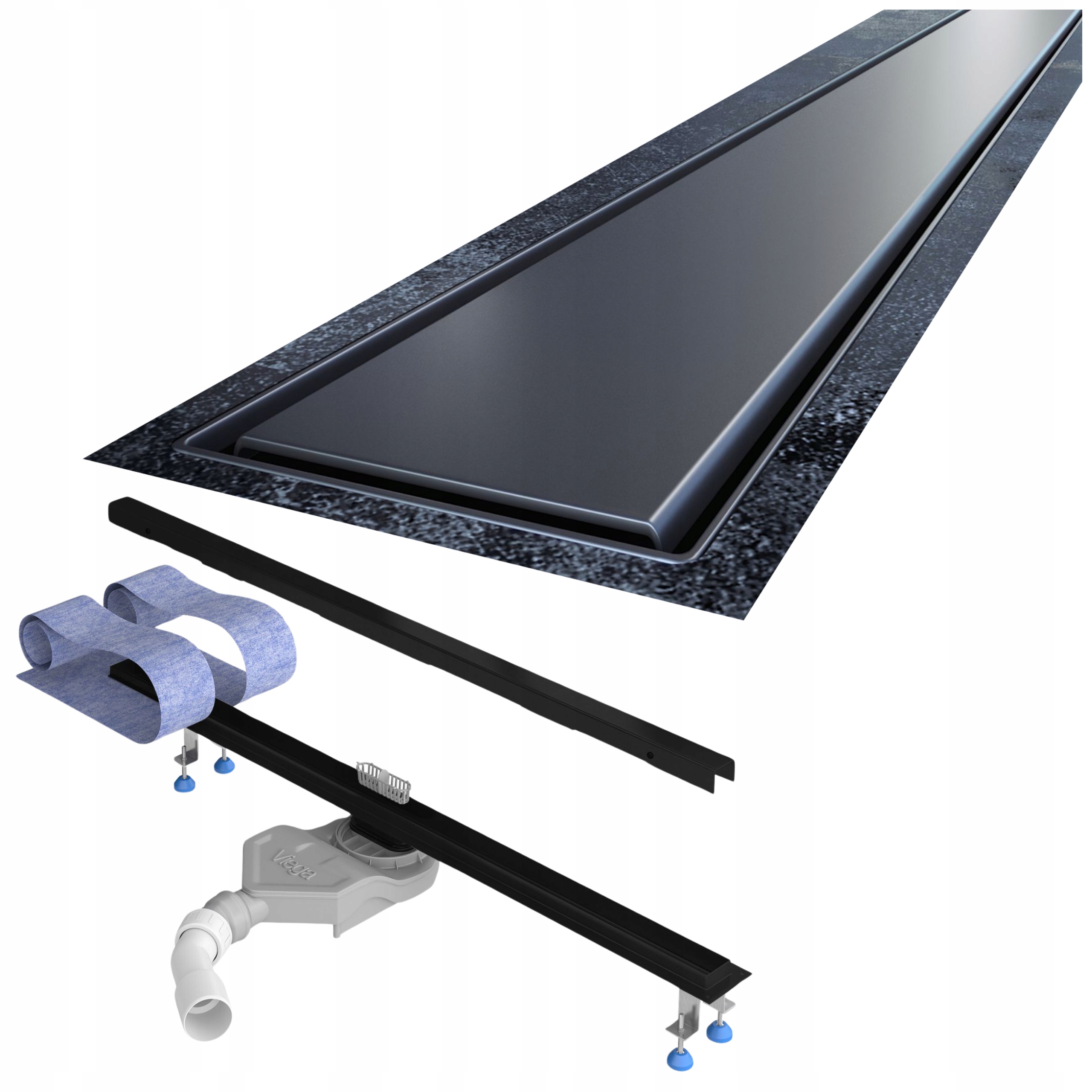 Lineárny odtok 80 cm, čierny, nízky sifón Viega, kompletná sada Waterway Slim