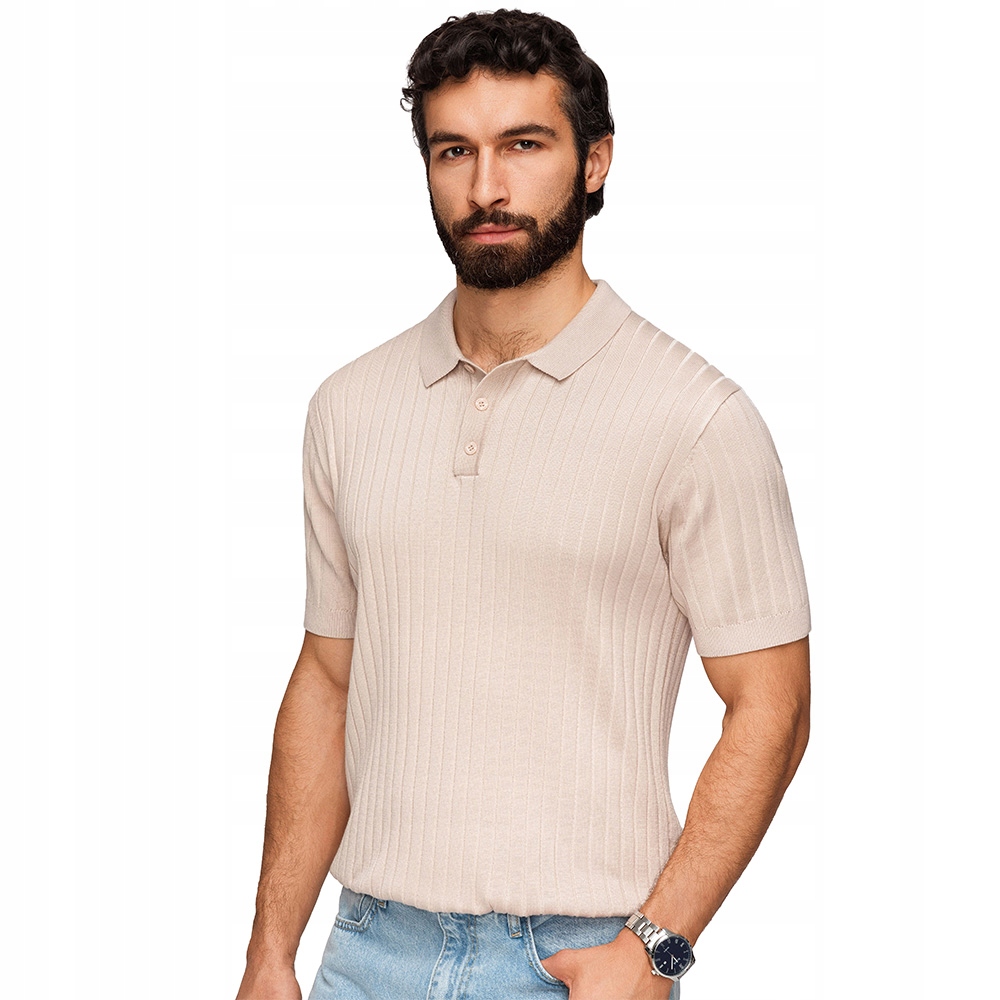 Polokošile s viskózou Slim Fit ve svislém pruhu béžové OM-POSS-0169 L