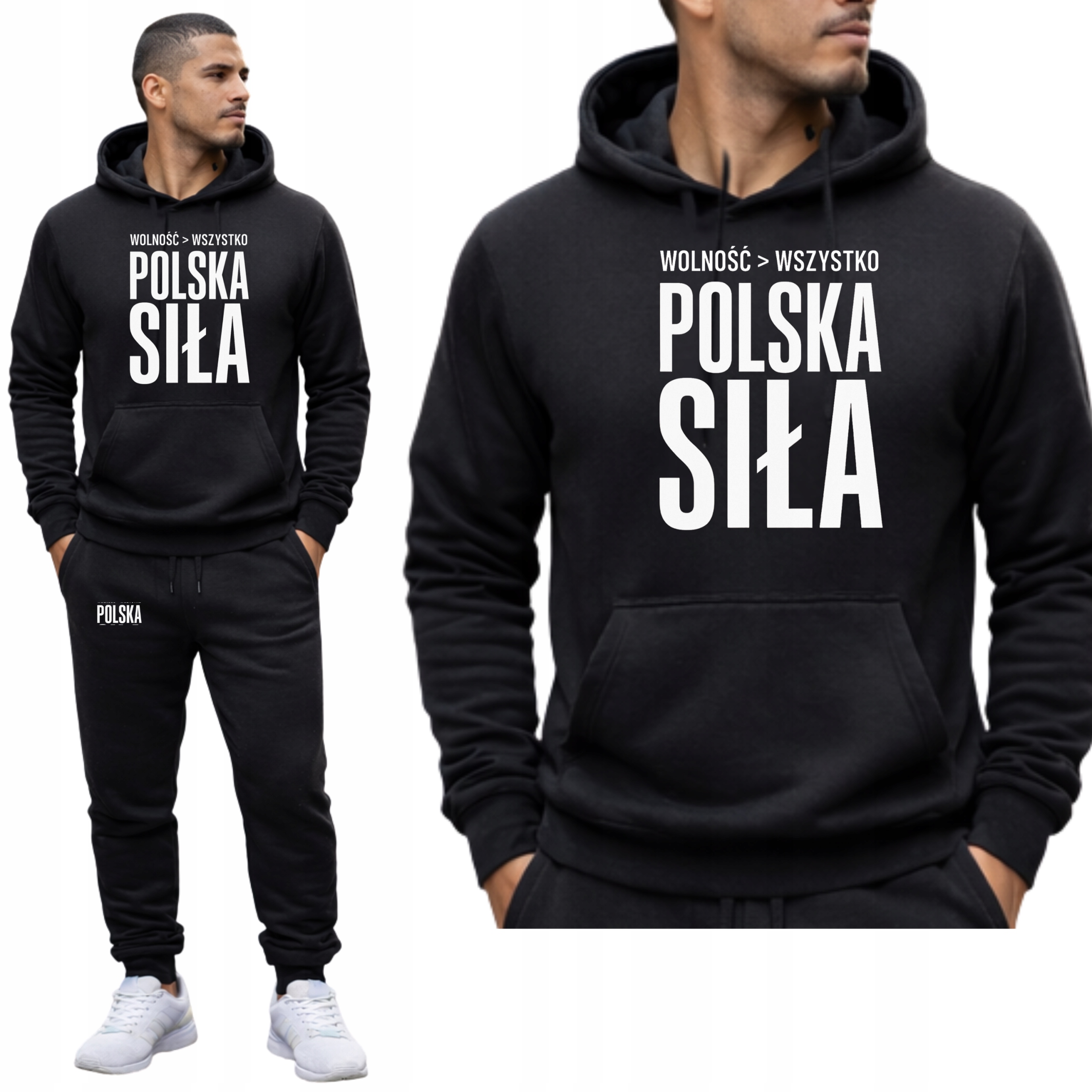 MESKI KOMPLET DRESOWY POLSKA SIŁA PATRIOTYCZNY BLUZA Z KAPTUREM+SPODNIE M