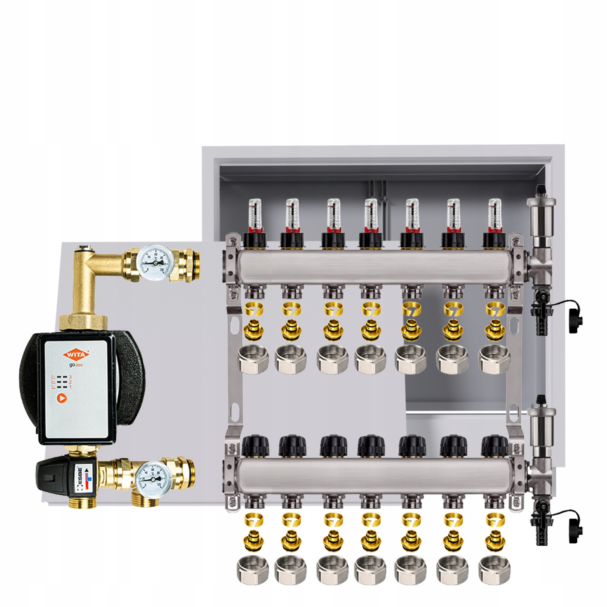 Rozdělovač pro podlahu 7 okruhů s čerpadlem Wita podomítková skříňka Pex