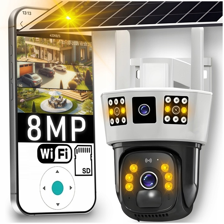 Solární Wifi Venkovní Kamera, Dva Objektivy 8 M, Otočné, 3 Detekční Obrazovky