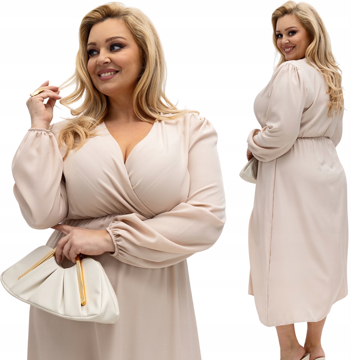 Šaty plus size midi s zavinovacím výstřihem béžová 821158 XXL