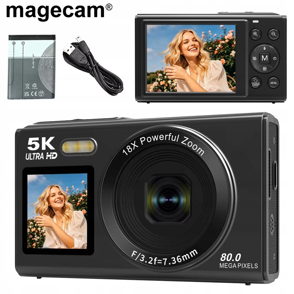 Megacam Digitální fotoaparát 5K 80MP x18, kompaktní fotoaparát pro vlogy a fotografie