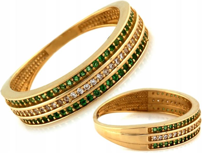Zlatý prstýnek 585, tři řady zirkonů, bílé a zelené, r13, elegantní