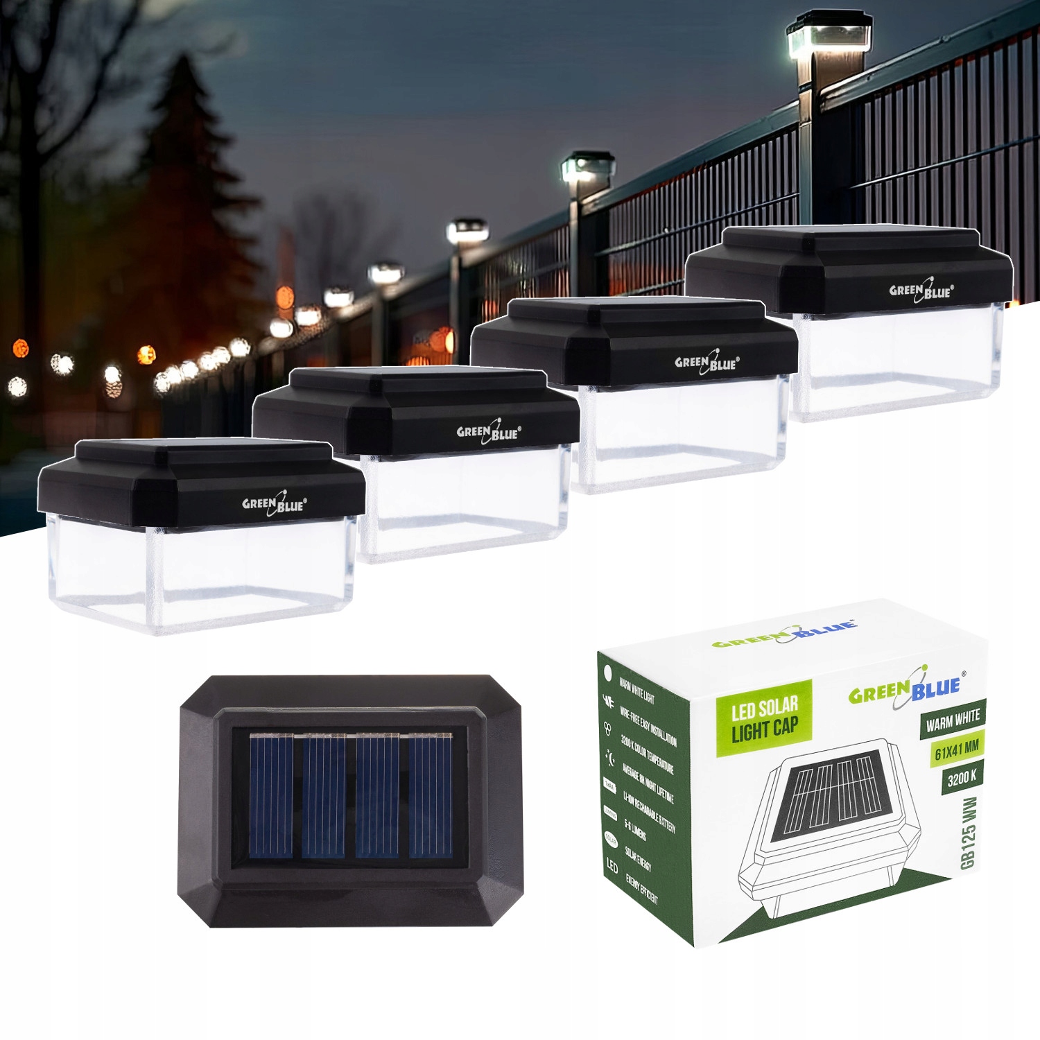 4x Solární lampa Led krytka na plotový sloupek 60x40 mm teplá barva