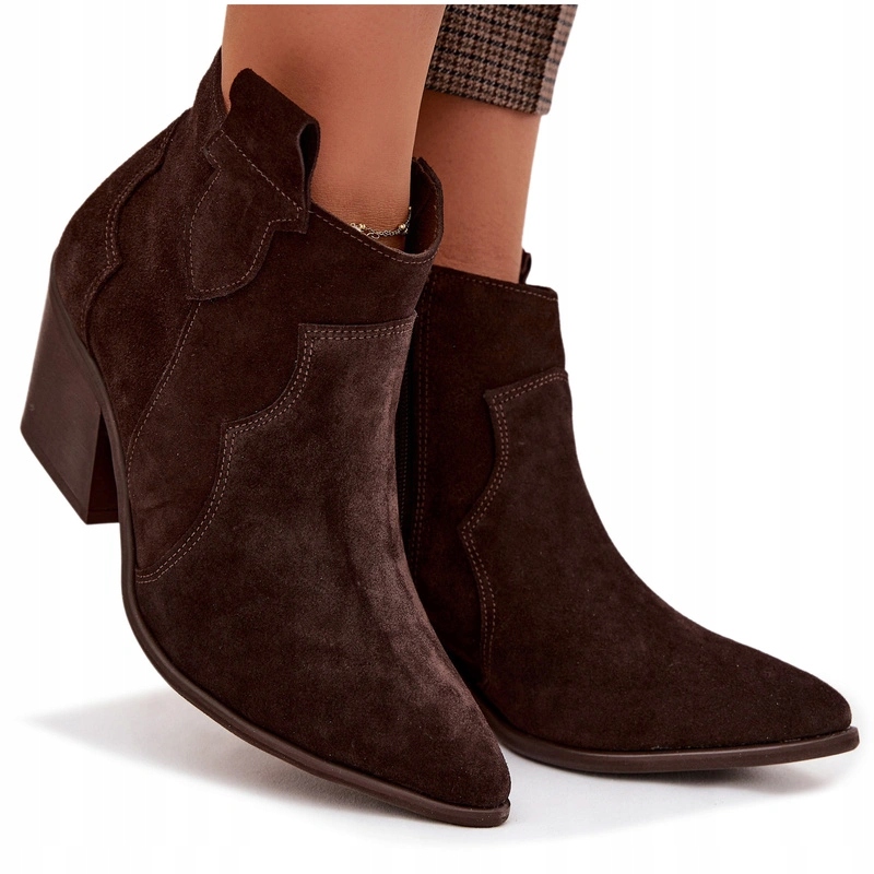 Kotníkové Boty Kovbojské Boty Dámské Kožené Semišové Sloupek Zazoo 3153 Čokoládové 39