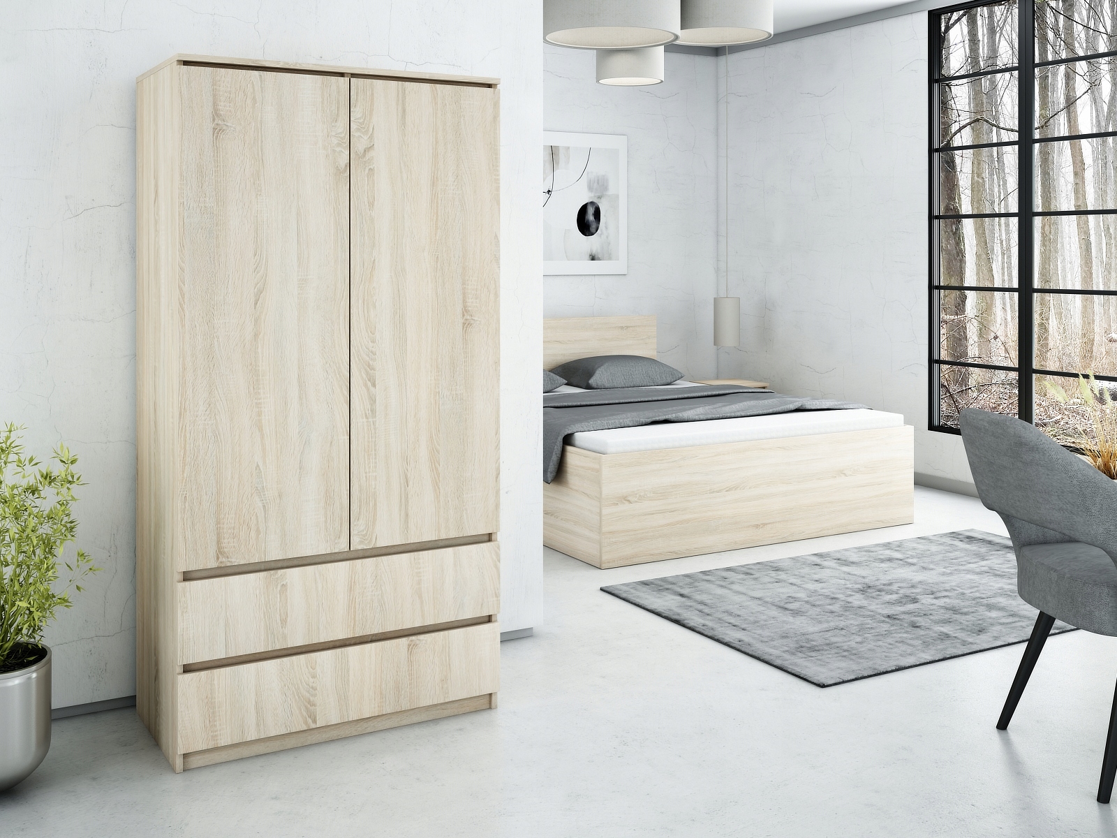 SZAFA DWUDRZWIOWA Z SZUFLADAMI 90 CM DO GARDEROBY, SYPIALNI BIAŁA Liczba drzwi szafa dwudrzwiowa