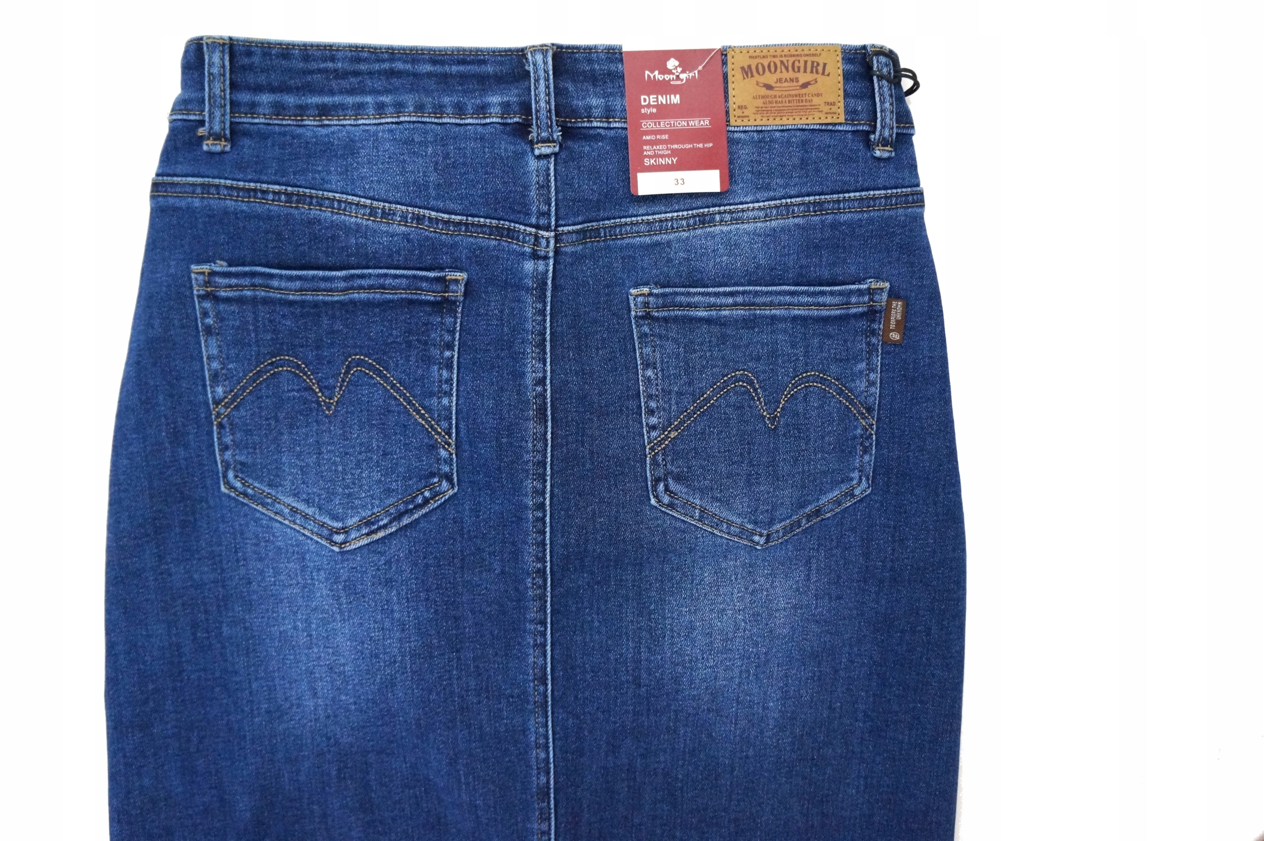 SPÓDNICA JEANSOWA WYSZCZUPLAJĄCA ELASTYCZNA MODNA WYGODNA LOGOWANA MIDI Wzór dominujący bez wzoru