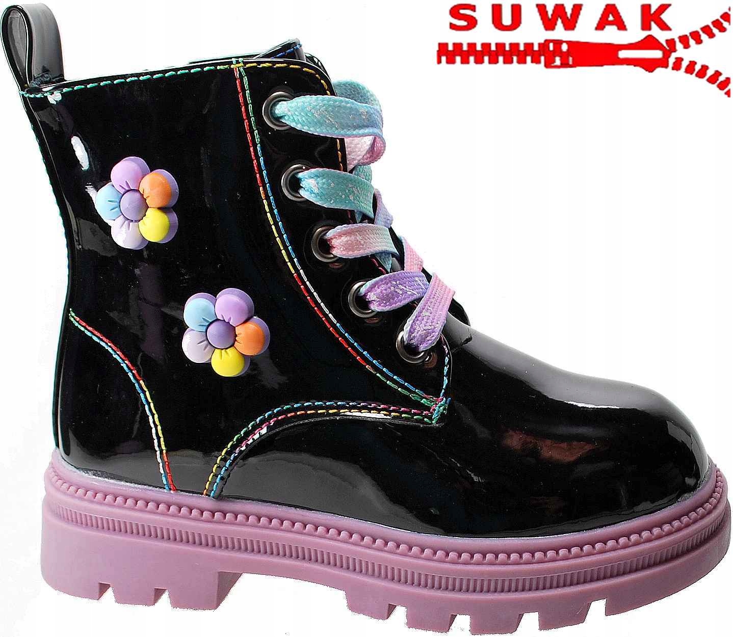 CZARNE lakierowane zimowe ciepłe kozaki dla dziewczynki na zamek r 26