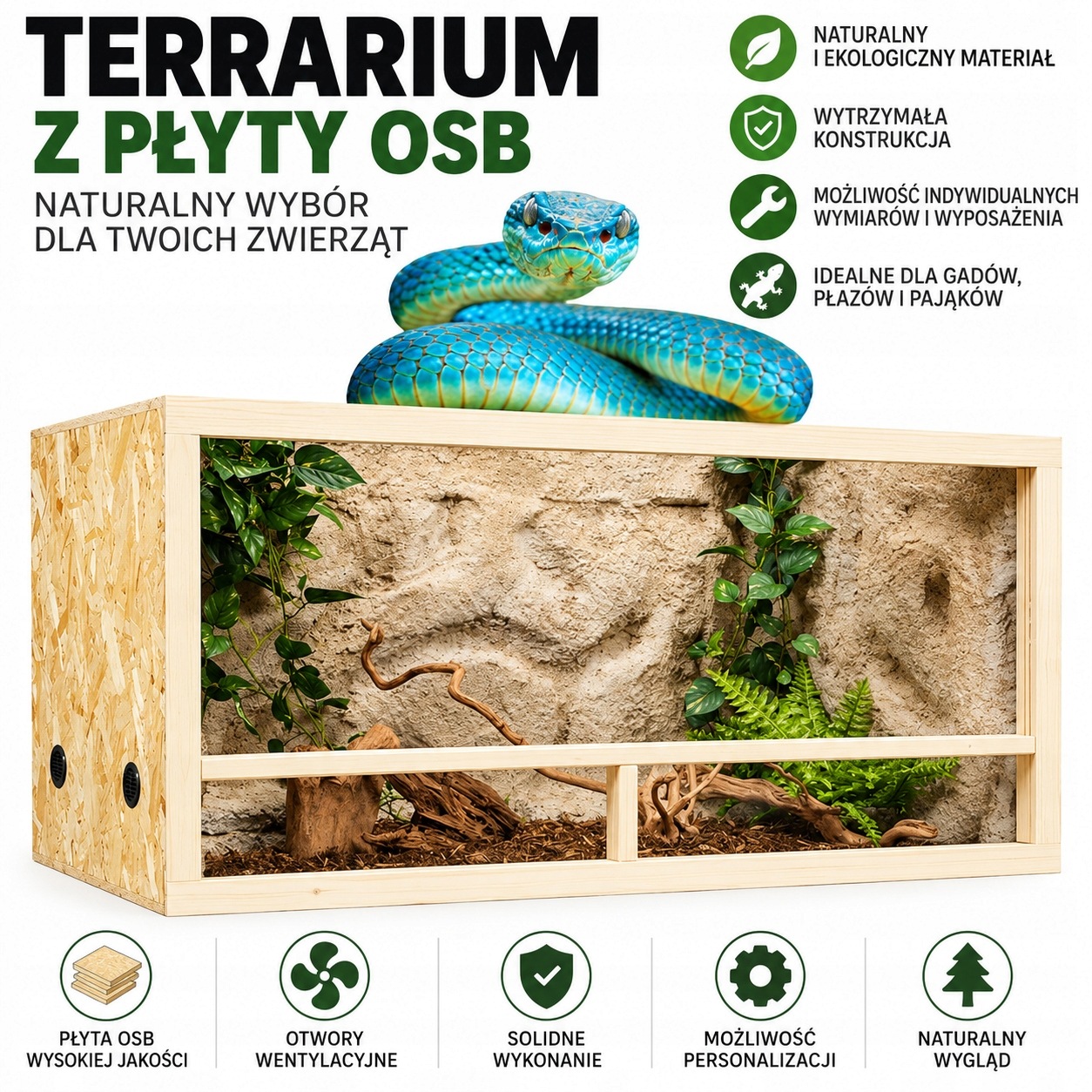 Terárium z osb desky 120 x 60 x 60 cm 430 l Drewstyl, přední strana dřevěná lehká