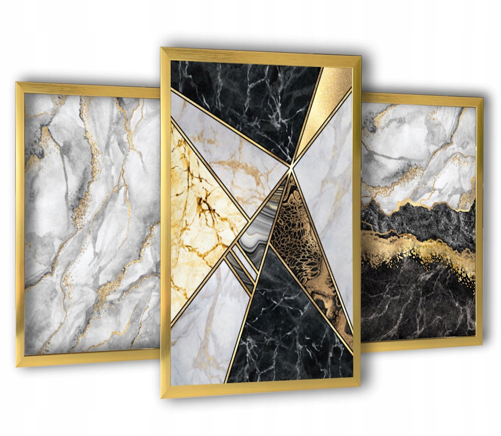 

3 obrazy w złotych ramach 43x99 marmury szare