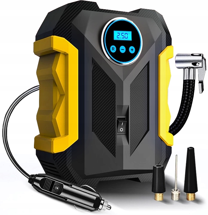 KOMPRESOR SAMOCHODOWY Pompka Sprężarka 12V LED LCD DO KÓŁ PIŁEK MATERACY