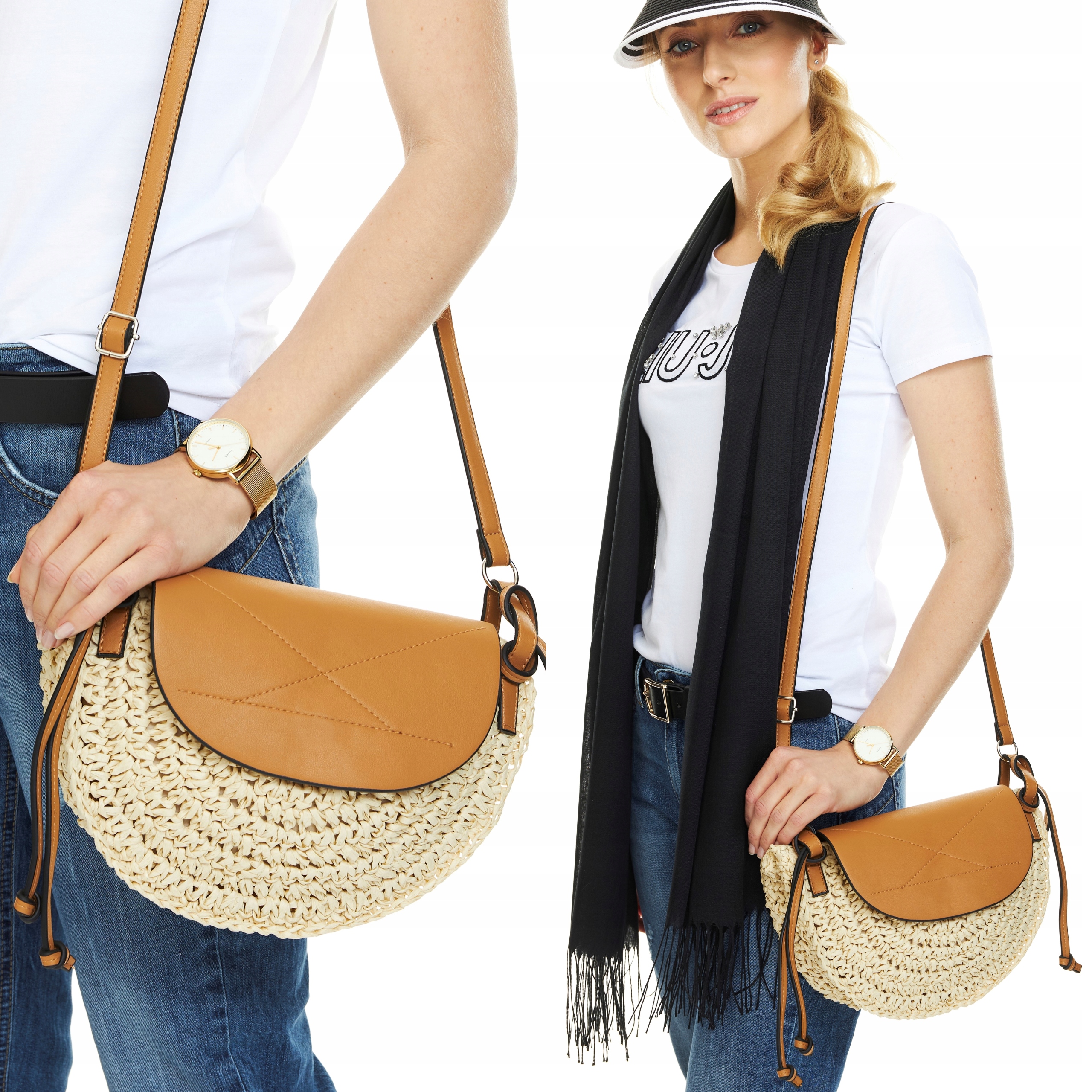 TOREBKA NA RAMIĘ TORBA BOHO SŁOMIANA eko skóra