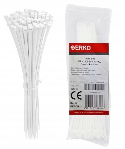 Opaski Kablowe Zaciskowe Białe Trytki Trytytki 3,6x300 Erko 100 Sztuk