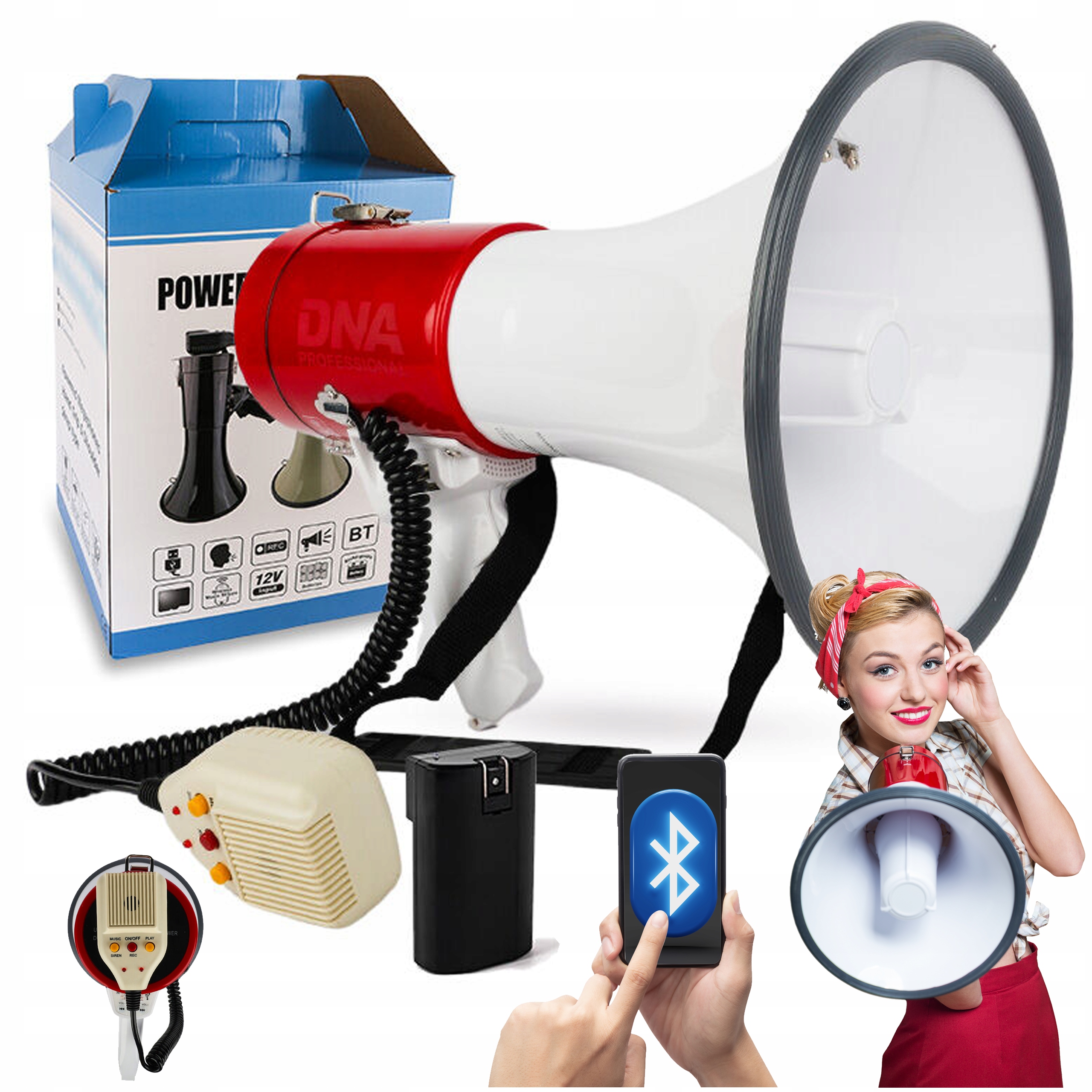 Megafon akumulátor megafon zesilovač hlasu siréna 50W Usb Sd MP3 Bt