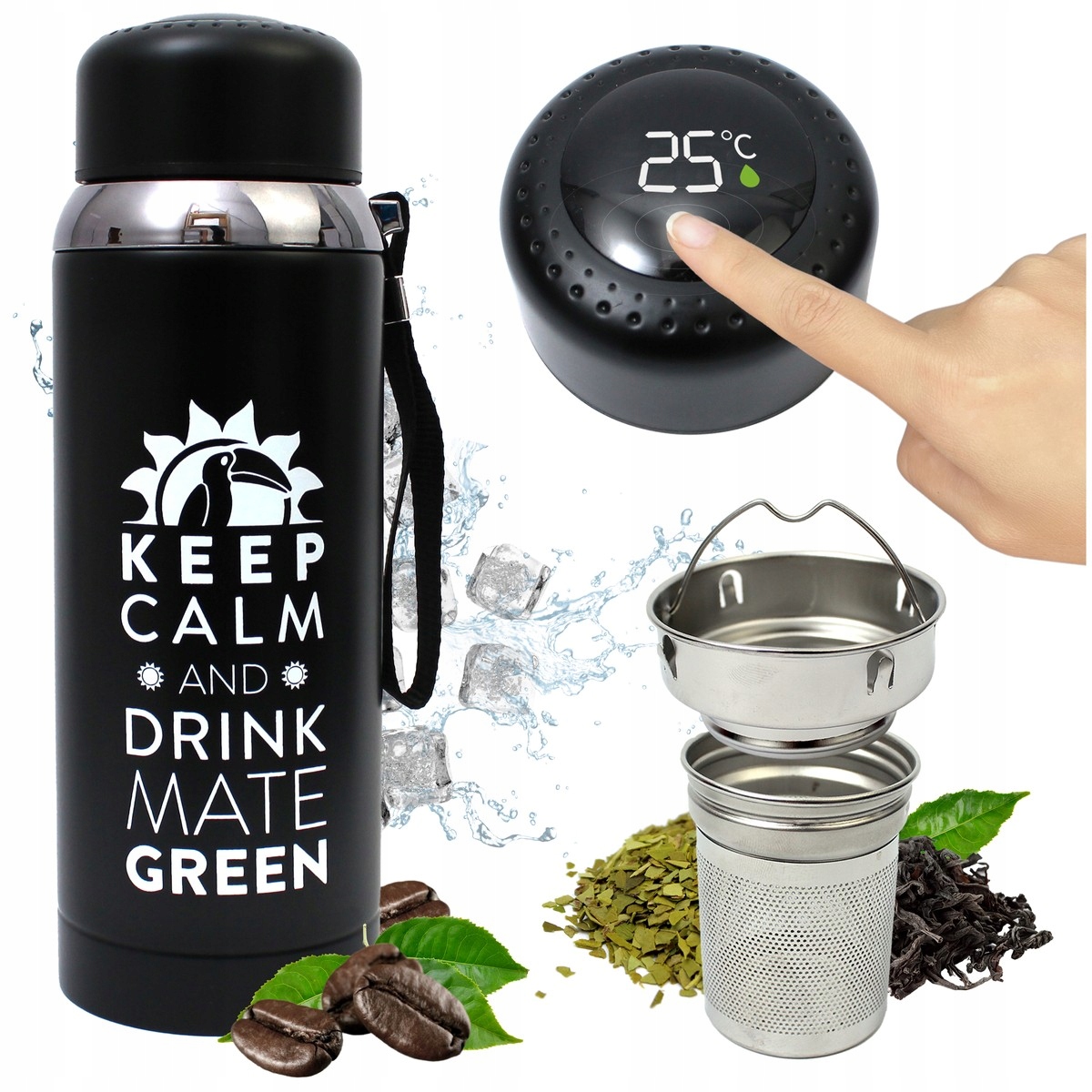 Levně Termos pro Yerba Mate 8.0 s velkým sítkem 800 ml Led teploměr čaj káva
