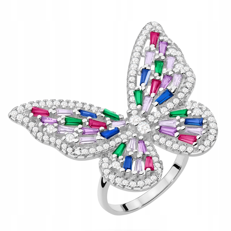 Stříbrný Prstýnek ryzost 925 Motýl snubní prsten s barevnými kubickými zirkony vel. 12