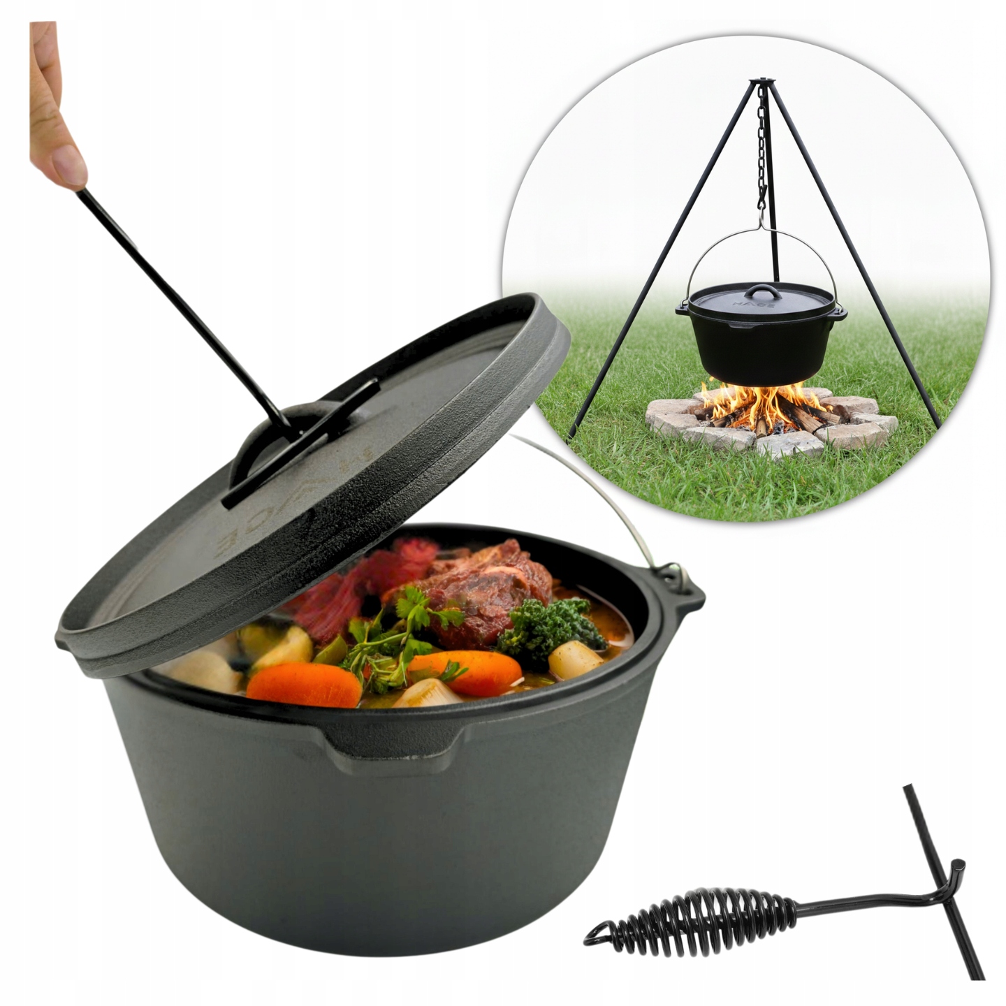 Litinový Závěsný Lovecký Hrnec Maďarský 7,2 L Na Ohniště Gril