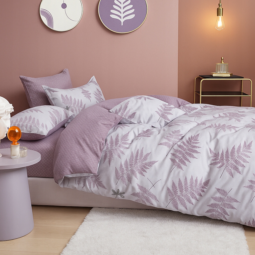 3dílná sada bavlněného povlečení na peřinu s povlakem na polštář s motivem fialových kapradí 160×200 cm