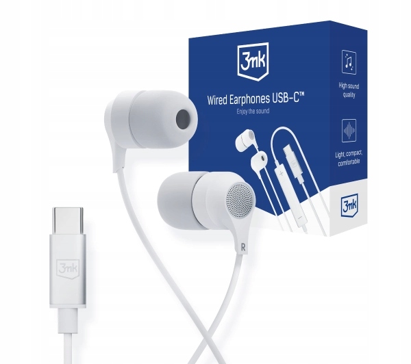 Drátová sluchátka 3 mk Wired Earphones Usb C Kanálová bílá