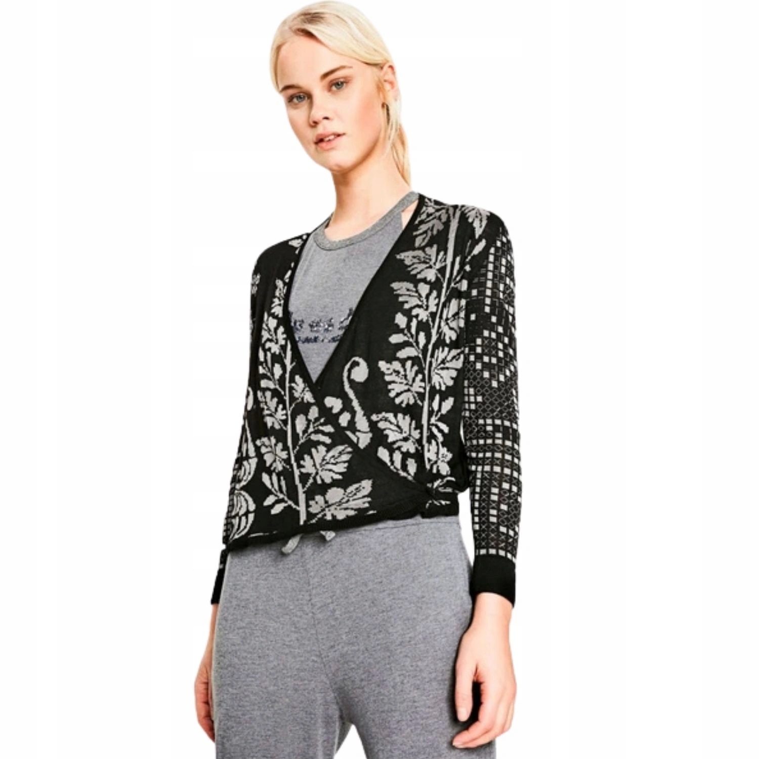 Dámský svetr Desigual Ricarda černý s tenkými vzory a zapínáním na kardigan, velikost M