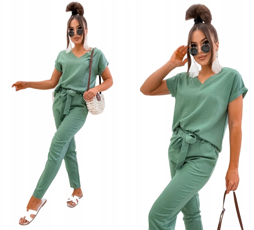 Komplet Lniany Damski Bluzka Krótki Rękaw I Spodnie Zielony M