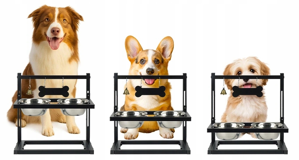 Levně Misky Pro Psa Stojan Nastavitelný Ocel Uhlíkový 2 Misky Nerezové