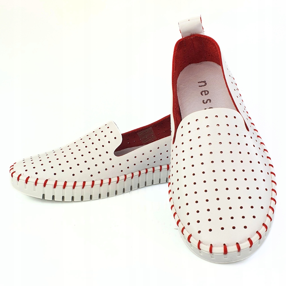 NESSI 18390 miękkie mokasyny slip on biały + czerwony skóra rozmiar 41 Rozmiar 41
