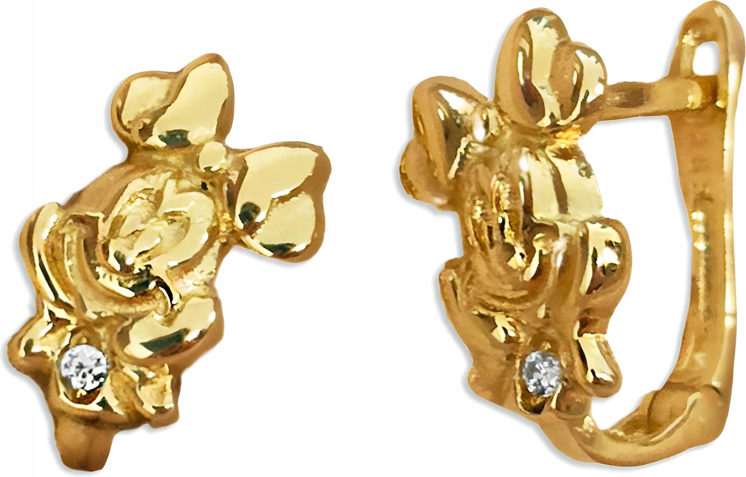 Zlaté náušnice 585 pro dívku, mini myška s mašličkou a bílým zirkonem