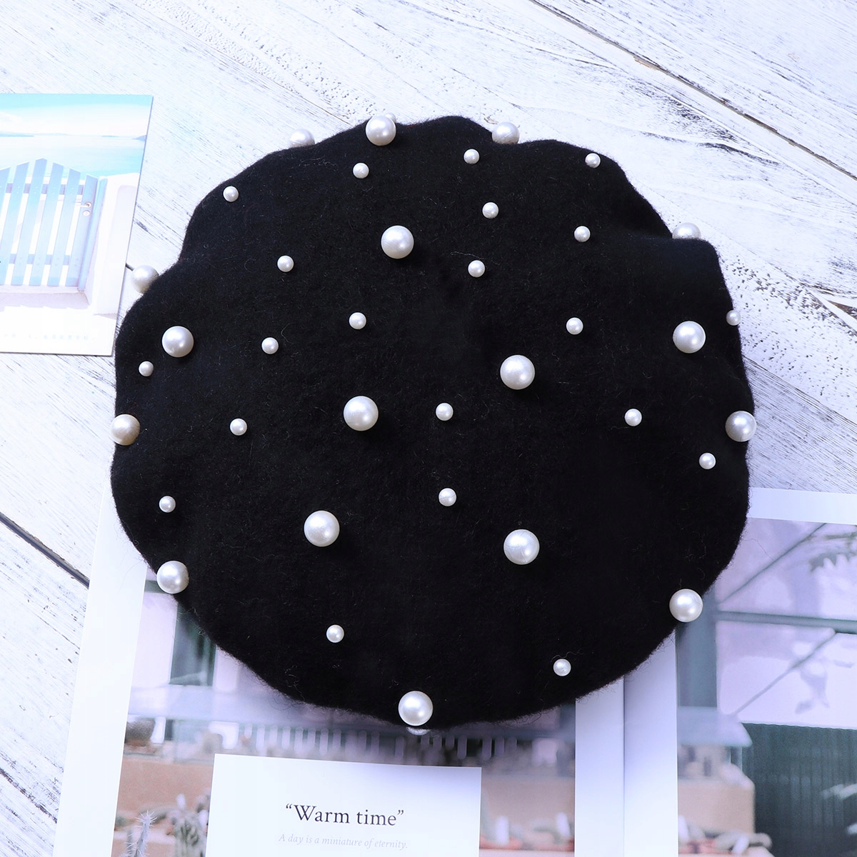 ZIMOWA KASZMIROWA BERETKA Z PERŁAMI STYLOWA I WYGODNA EAN (GTIN) 4894931010834