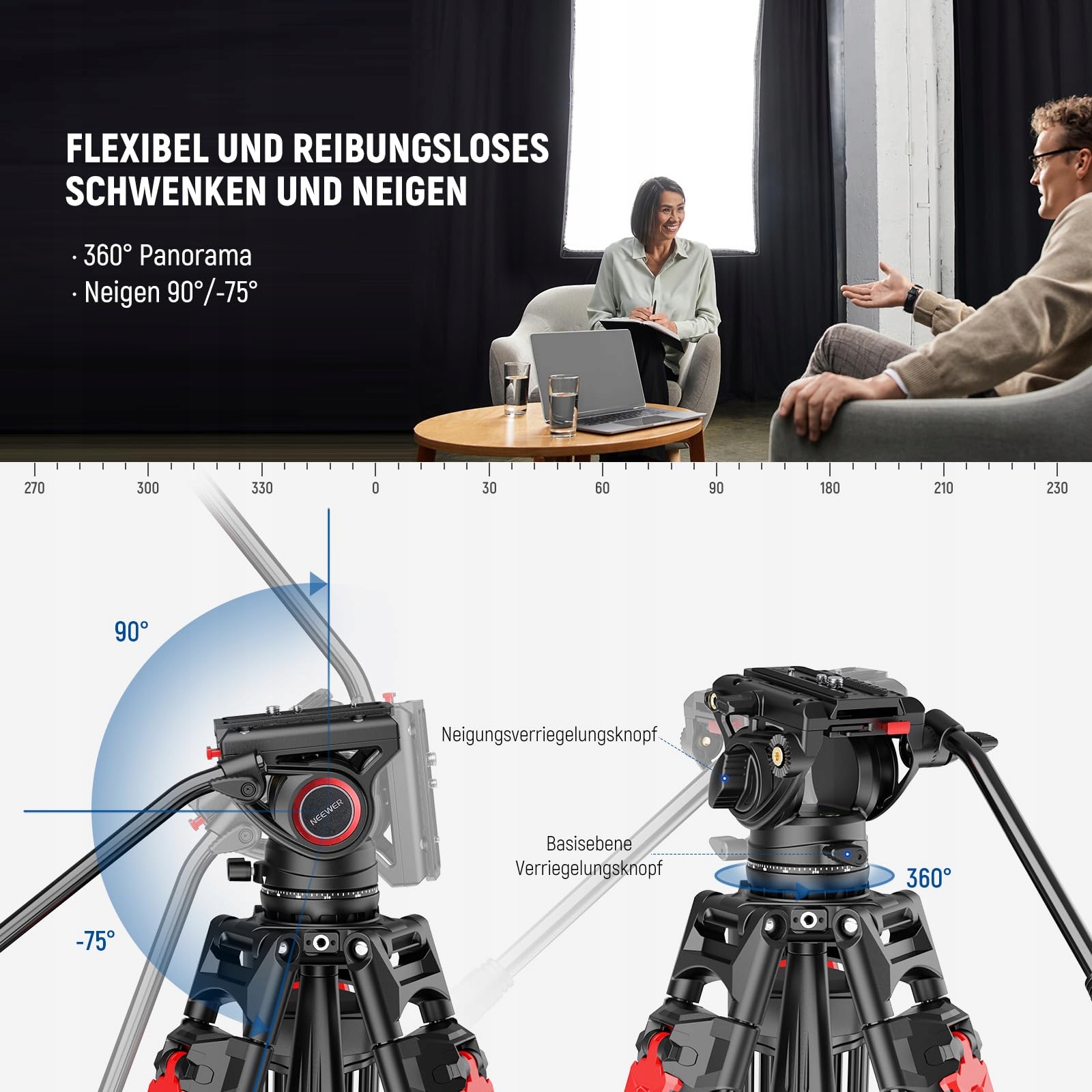 NEEWER Statyw Video Kamera 76" Aluminiowy z Głowicą Fluidową DSLR Camcorder — miniatura 4