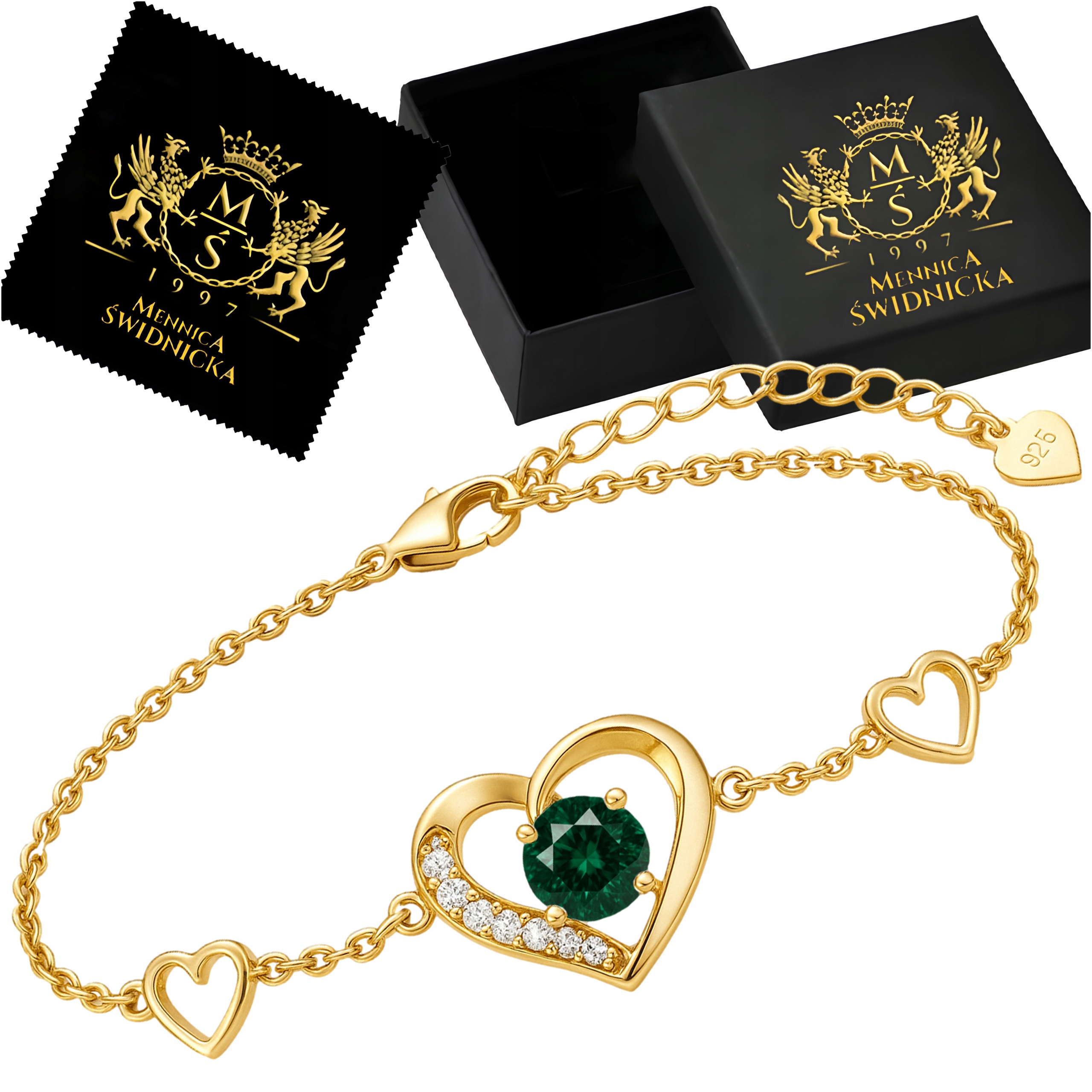 Náramek Srdce Stříbro 925 Pozlacený se zeleným krystalem jako Dárek