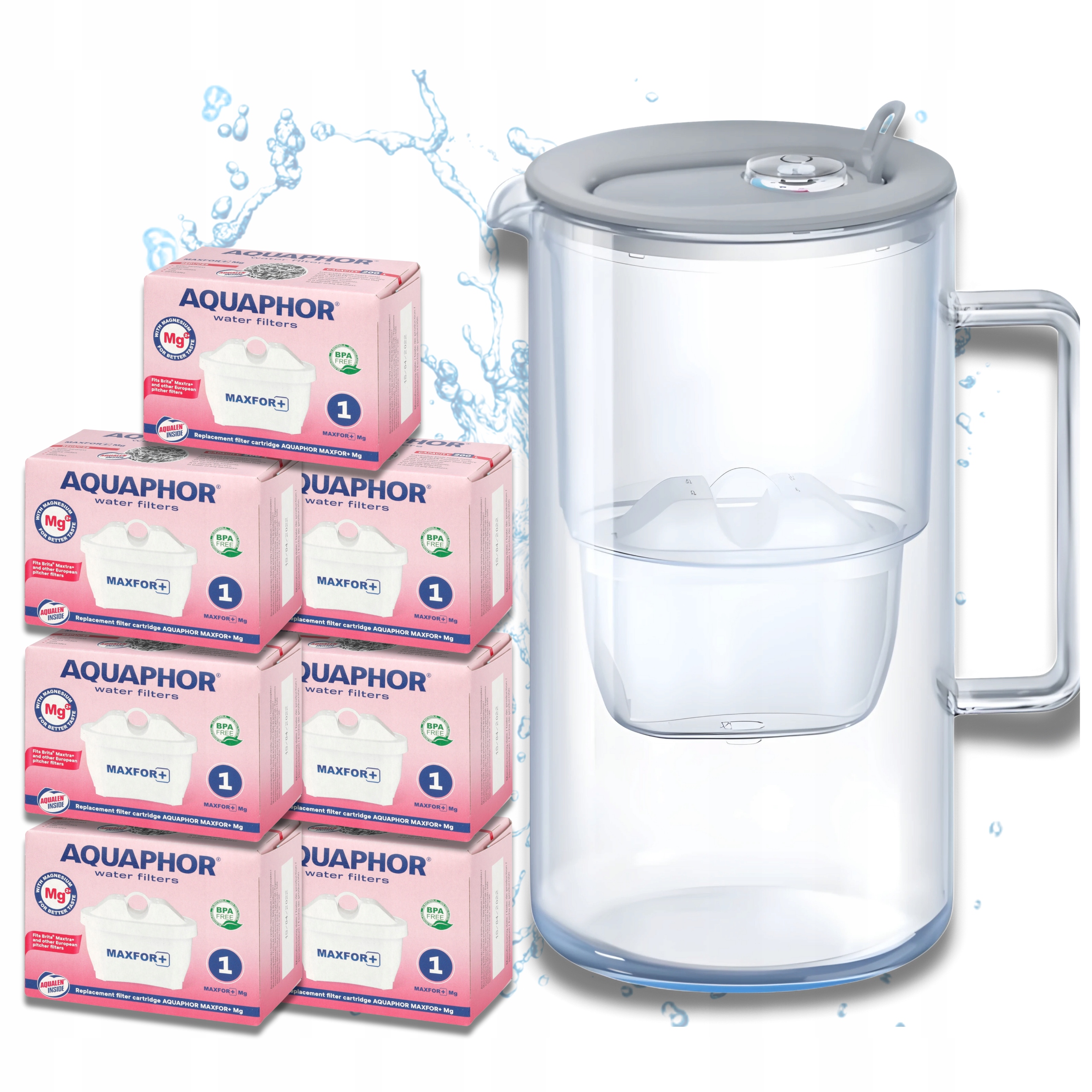 Filtrační konvice 7 filtračních vložek Maxfor Šedá Skleněná Aquaphor Glass