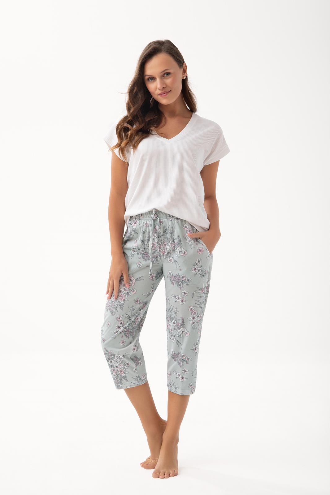 Dámské pyžamo Luna kód 337 mléčně bílé, zelené, s květinami, XXL