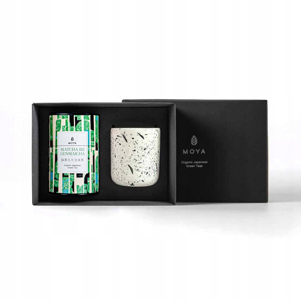 Zestaw prezentowy zielona herbata Moya Matcha Iri Genmaicha i kubek Shimo
