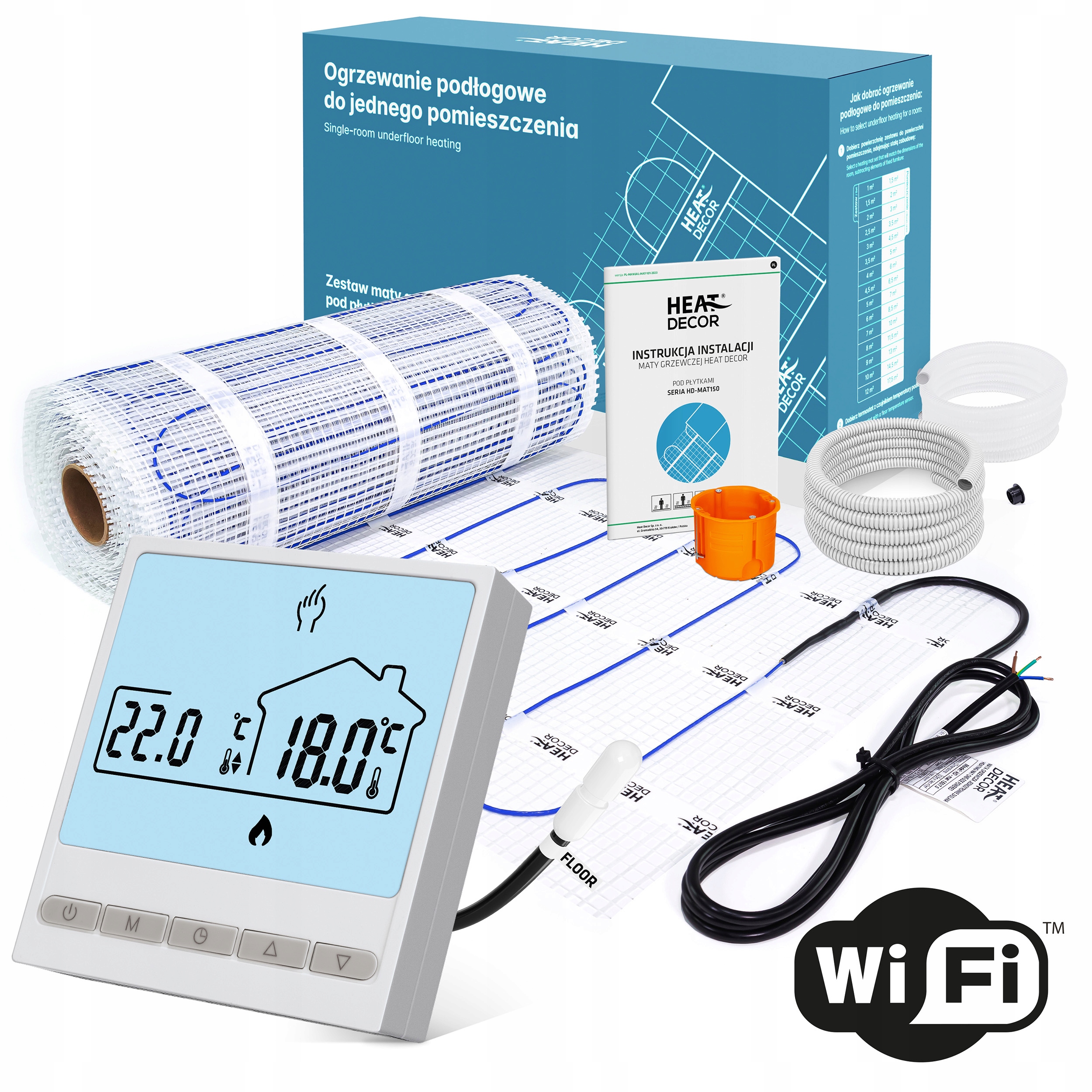 Mata grzewcza pod płytki HD-MAT150 z termostatem T05 WiFi Zestaw 8 m²