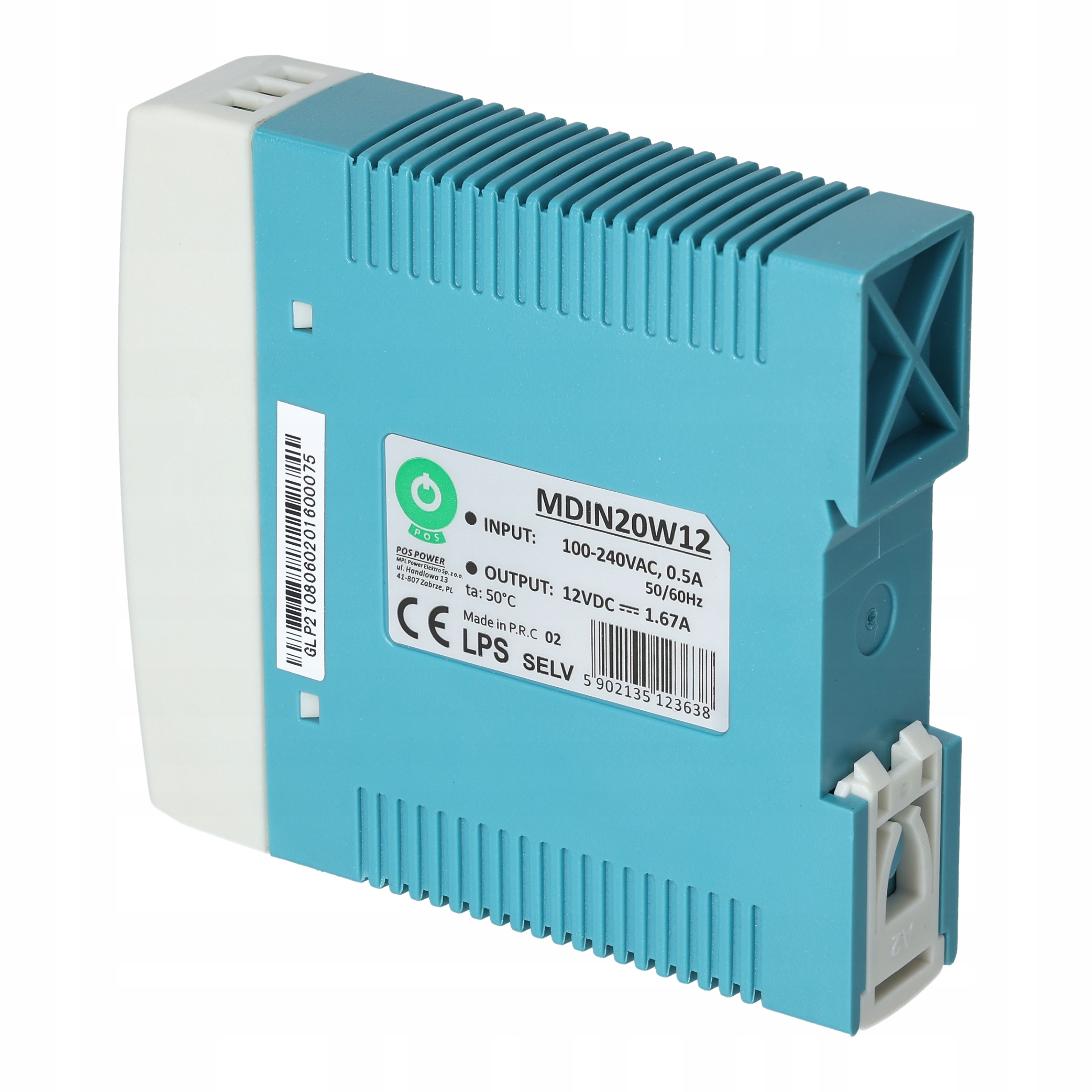 Zasilacz taśm LED na szynę DIN TH35 1,67A 20W 12V Moc 20 W