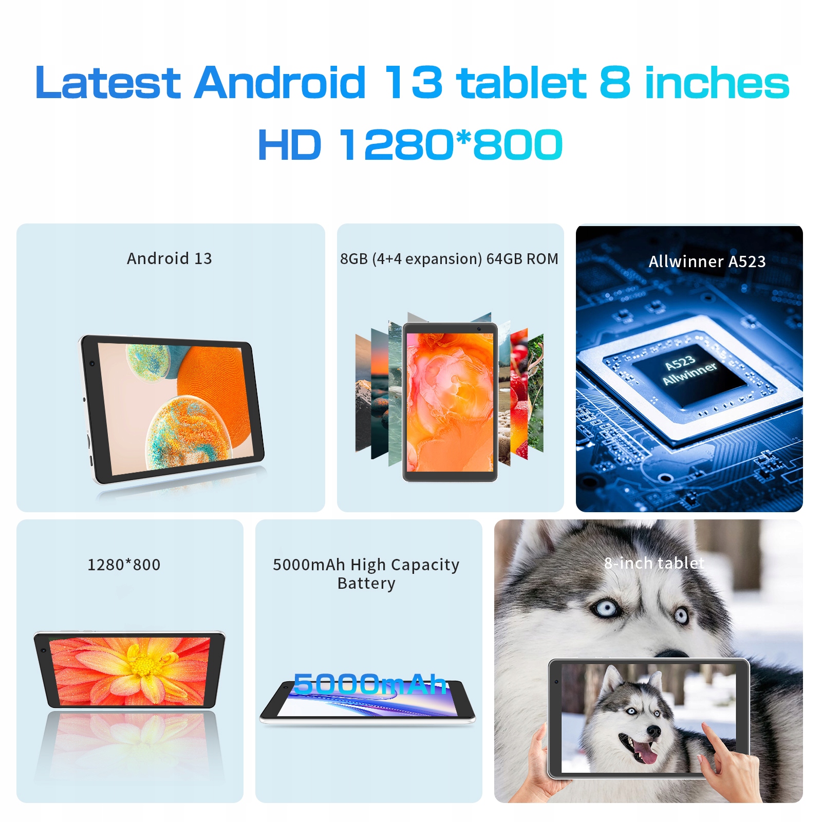 Tablet PRITOM 8 cali Android 13, 8GB 4+4 rozszerzenie RAM 64GB ROM WiFi 6 Kolor biały