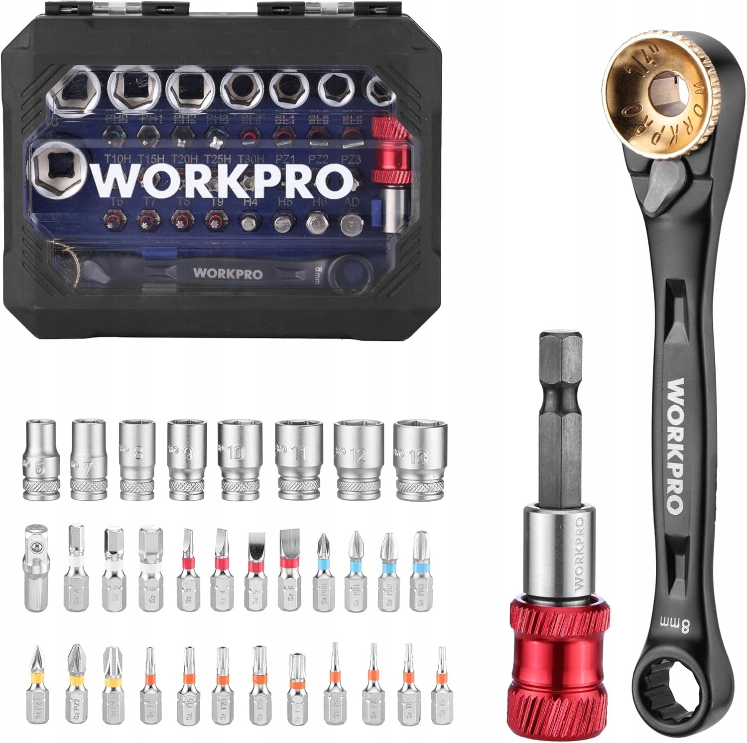Workpro Sada 34-DÍLNÝCH Nástavců 1/4" Ráčna 3V1 Ocel S2