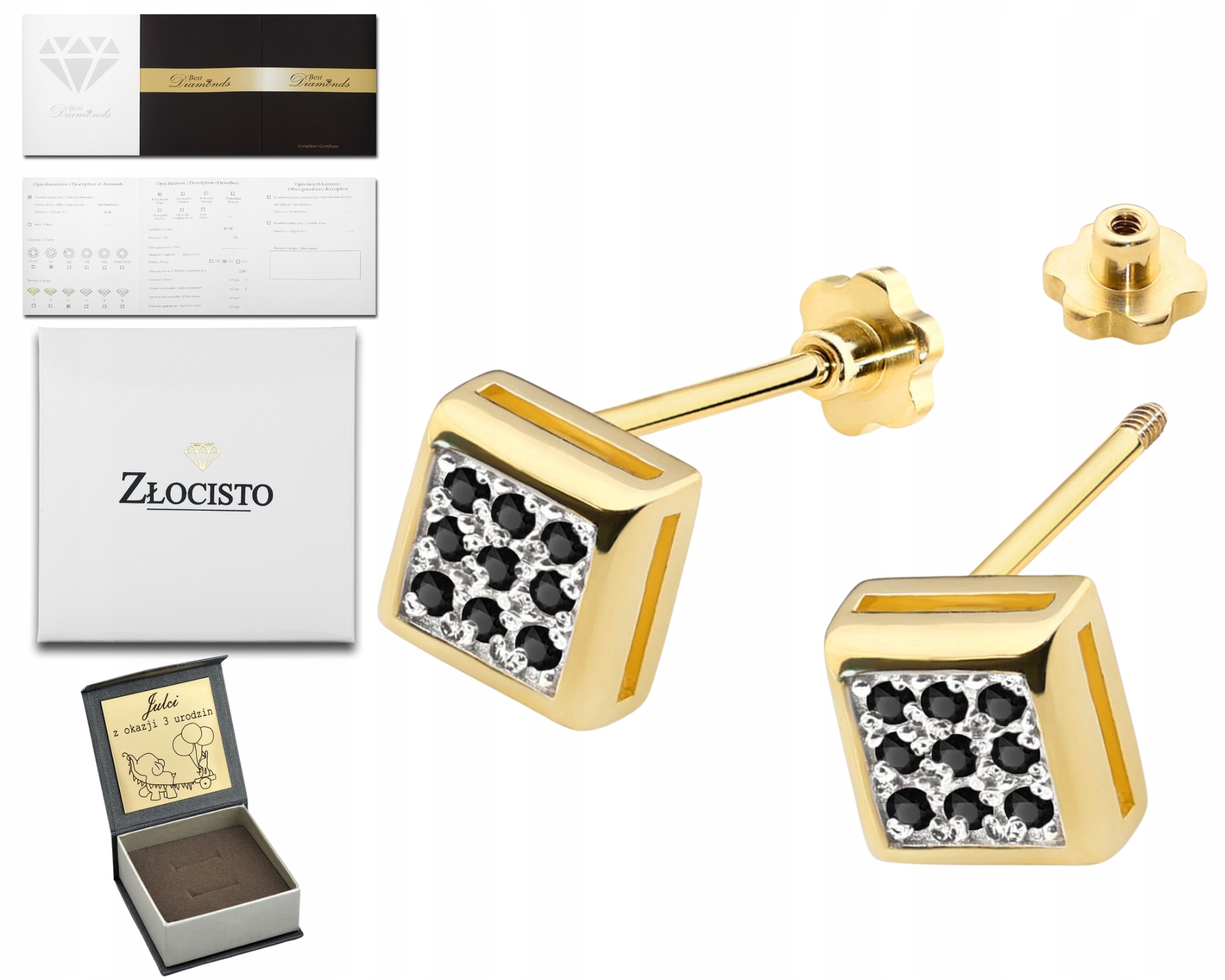 Zlaté Náušnice S Černými Diamanty, Čtvercový Čtverec , Zlato 585