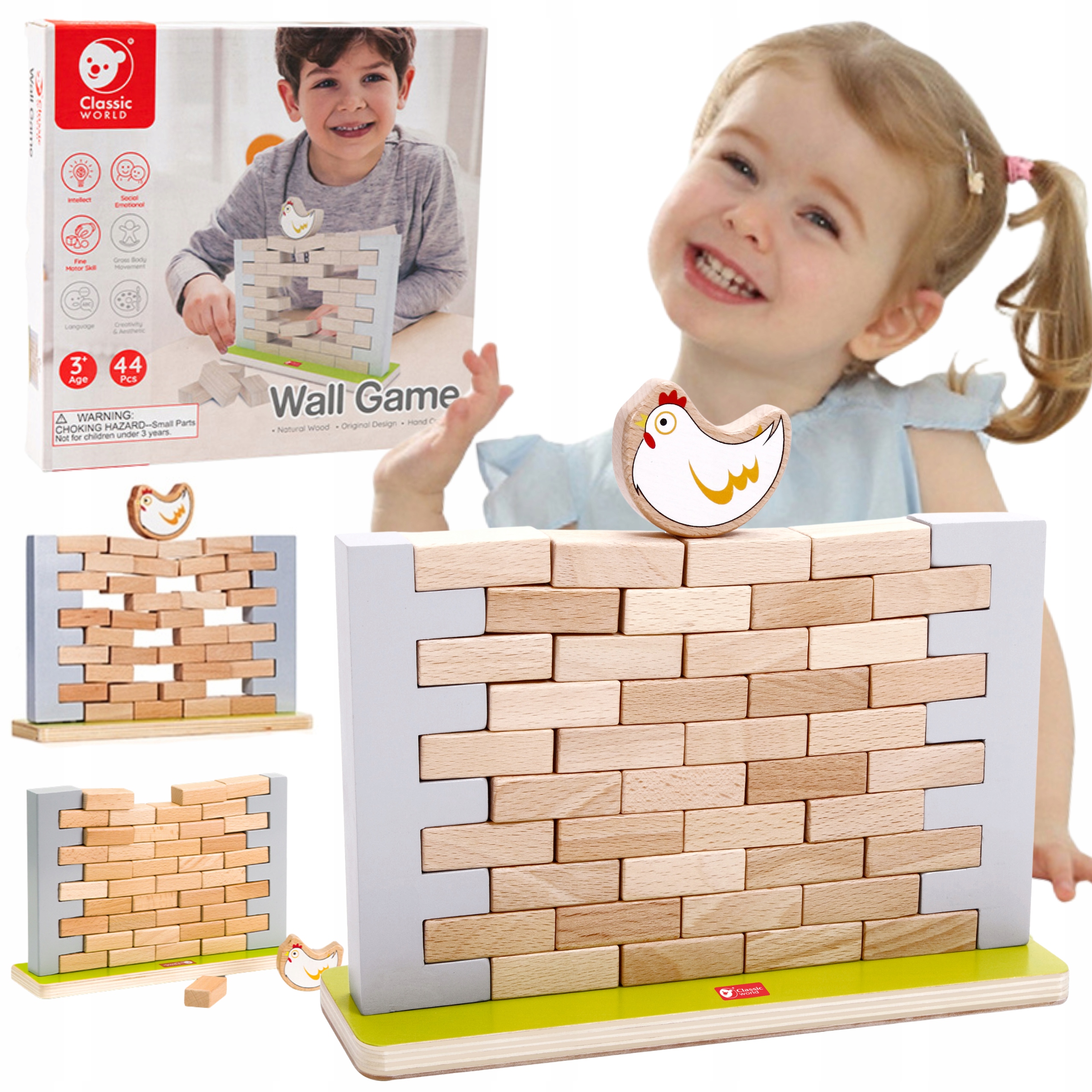 GRA ZRĘCZNOŚCIOWA RODZINNA SPADAJĄCA KURA KLOCKI DREWNIANE ZESTAW FAMILIJNA