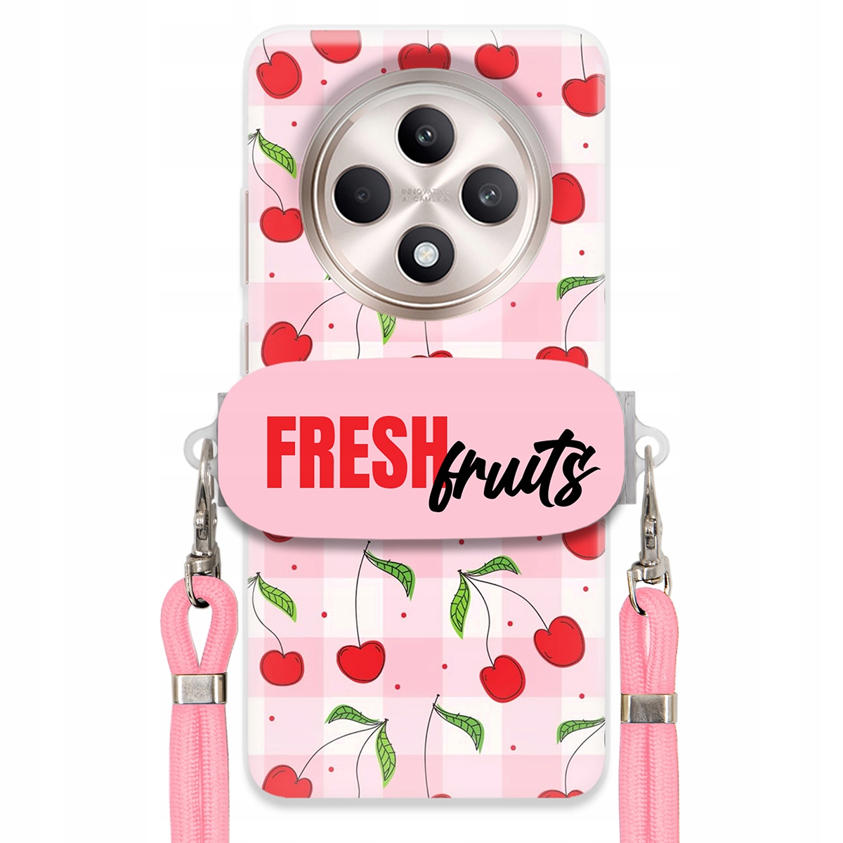 Pouzdro pro Oppo Reno 12F 5G Case Držák Šňůrka Růžová Fresh Fruits Mřížka